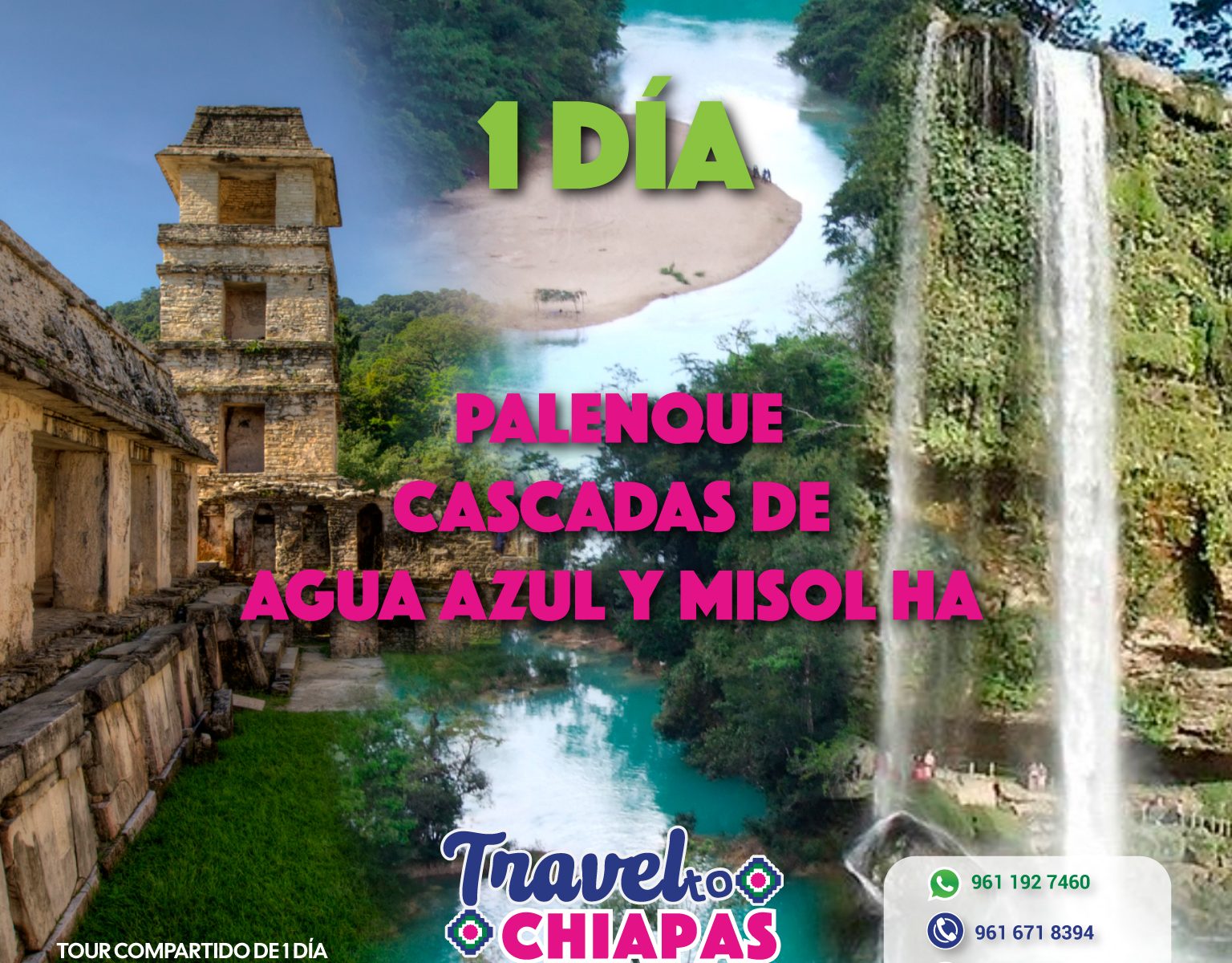 TOUR COMPARTIDO DE 1 DÍA SALIENDO DESDE PALENQUE RECORRIENDO LA ZONA ARQUEOLÓGICA DE PALENQUE , LAS CASCADAS DE AGUA AZUL Y MISOL HA REGRESANDO A PALENQUE
